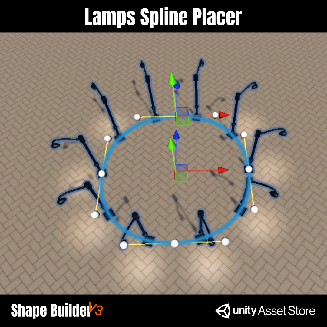 Lamp prefabs placed along a spline with visible lighting
