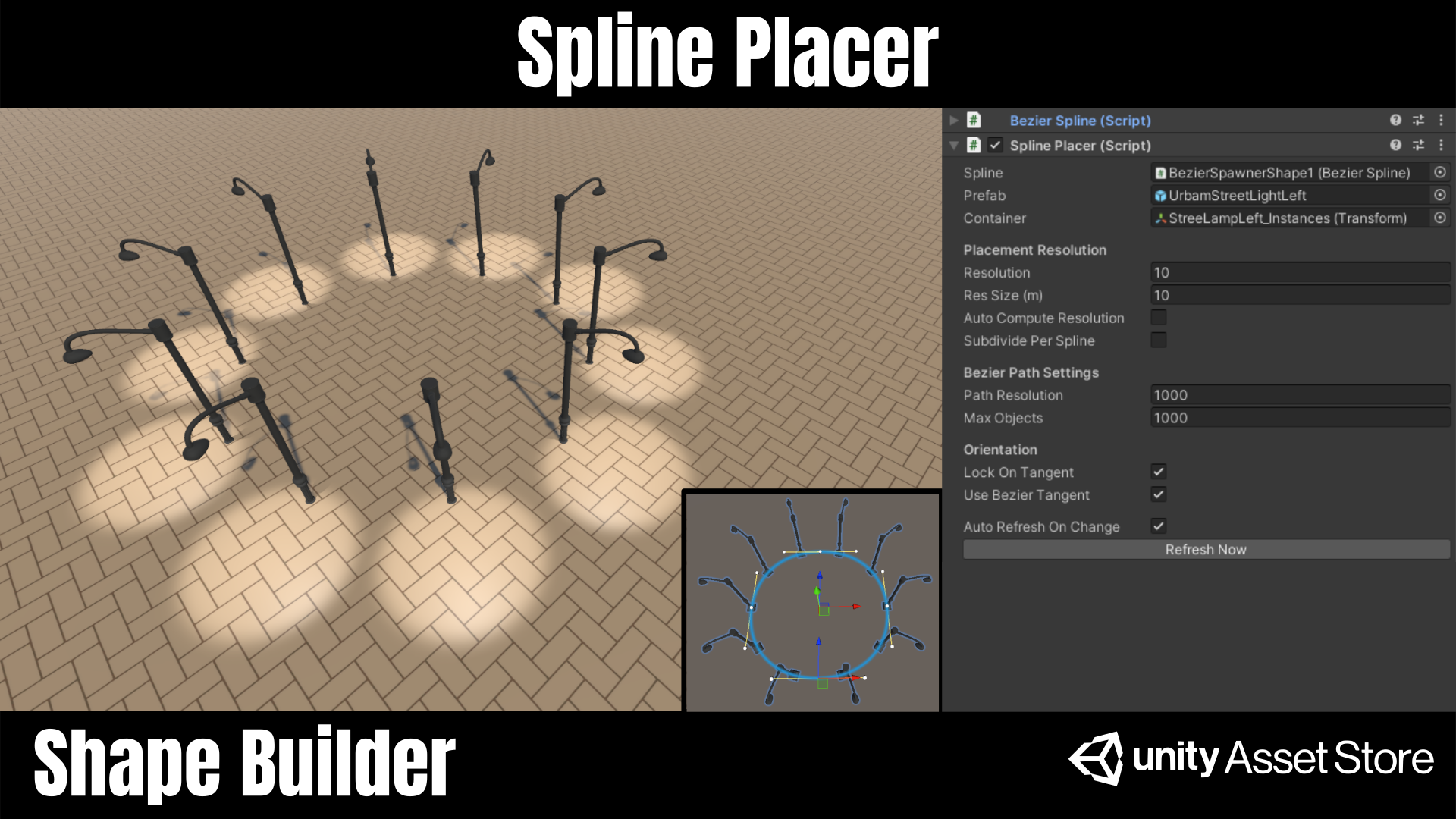 SplinePlacer editor overview with Unity component settings