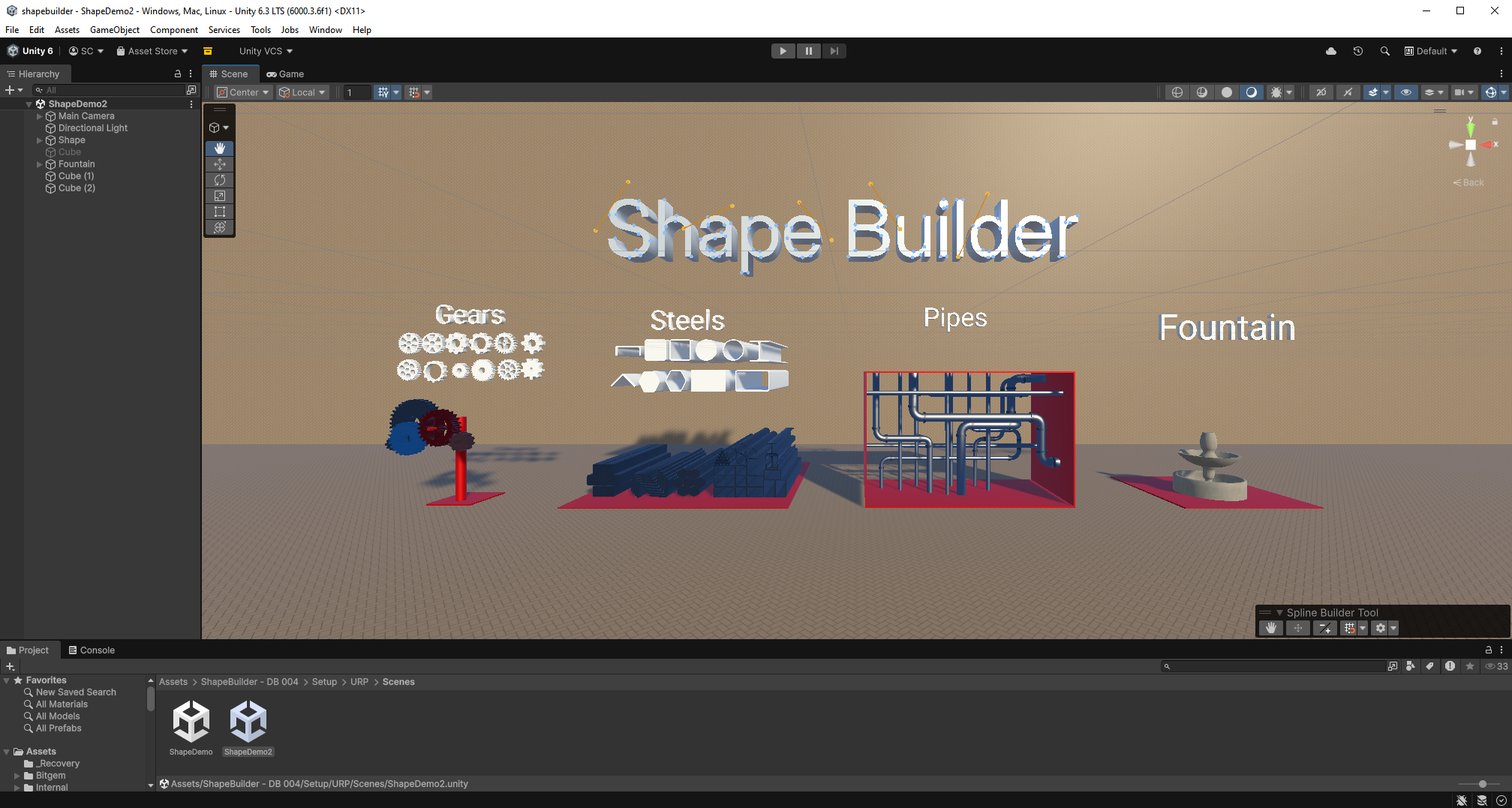 ShapeDemo2 scene showing extruded shapes using 2D base profiles