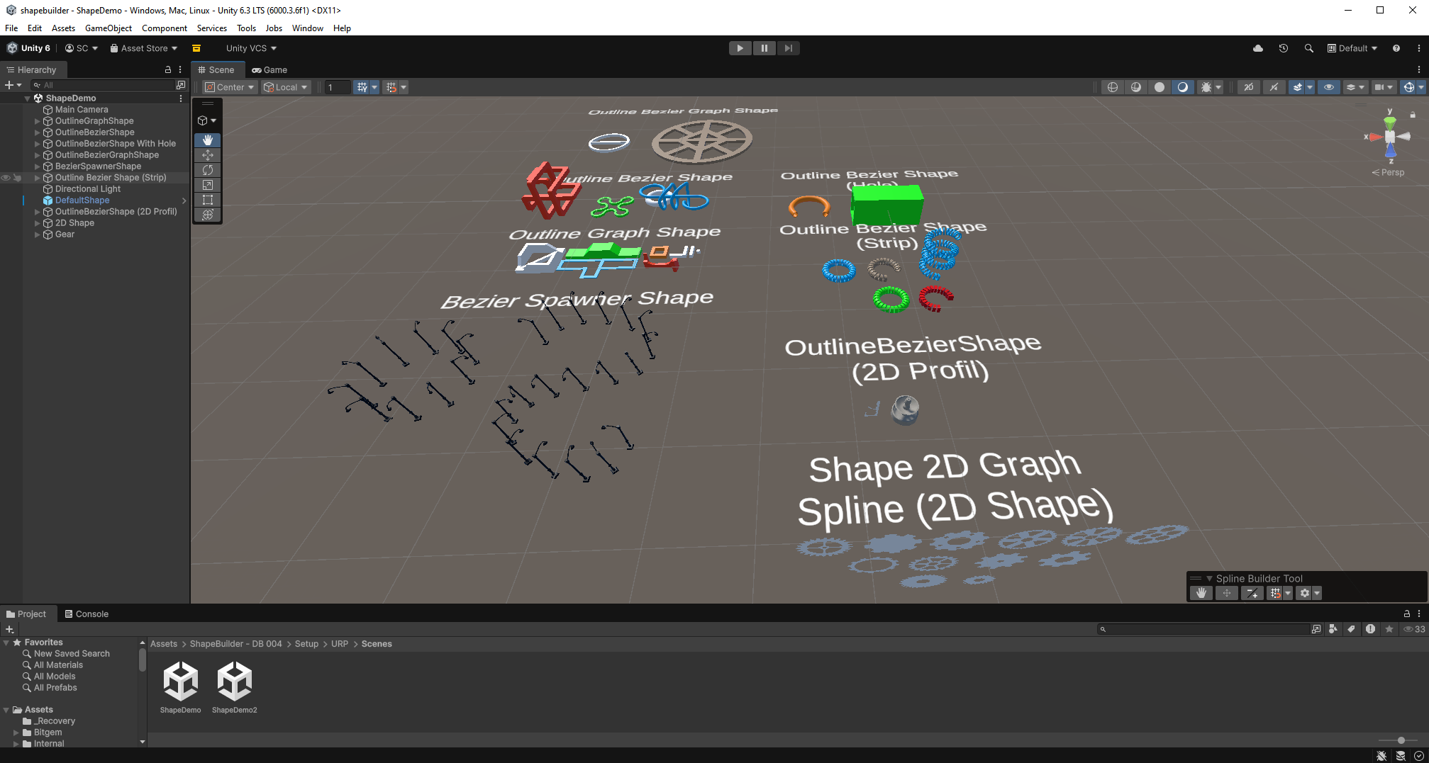 ShapeDemo scene showing generated shapes and SplinePlacer examples