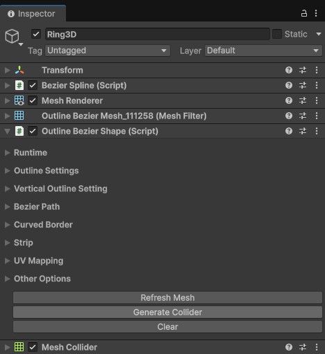 OutlineBezierShape component in Unity inspector