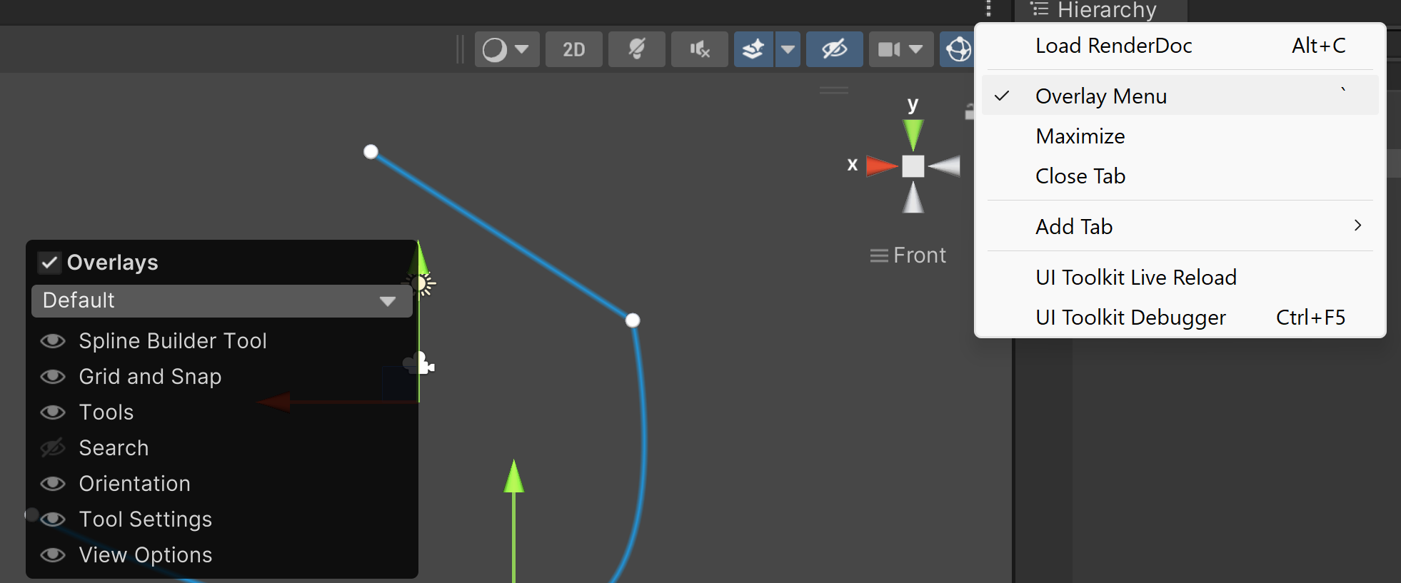 Unity overlay menu showing the Spline Builder Tool overlay