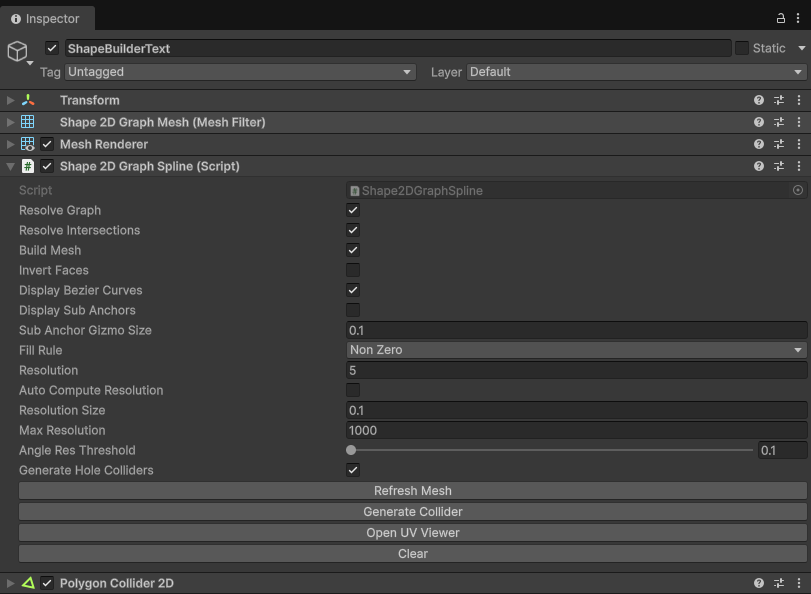 Shape2DGraphSpline component in Unity inspector