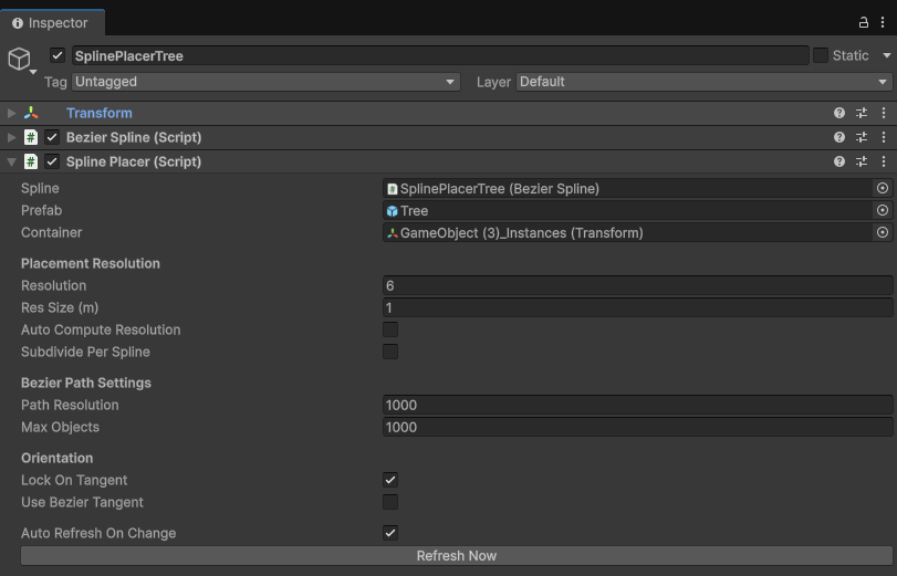 SplinePlacer component in Unity inspector
