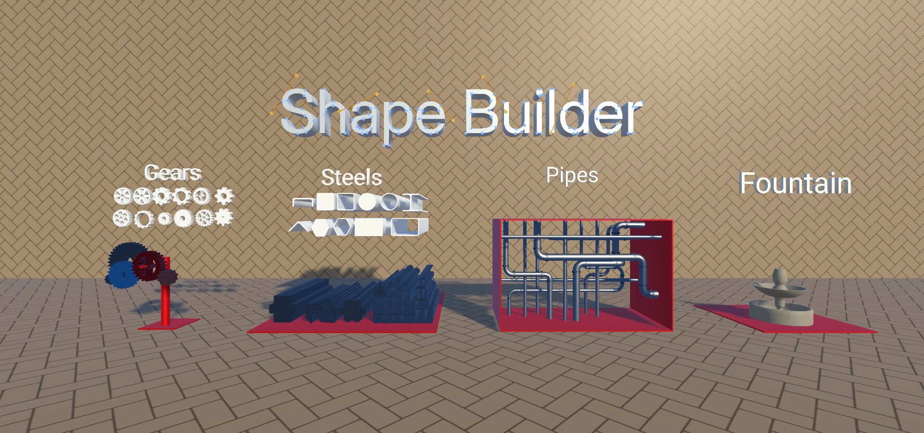 ShapeBuilder V3 feature banner with gears, steels, pipes, and fountain examples