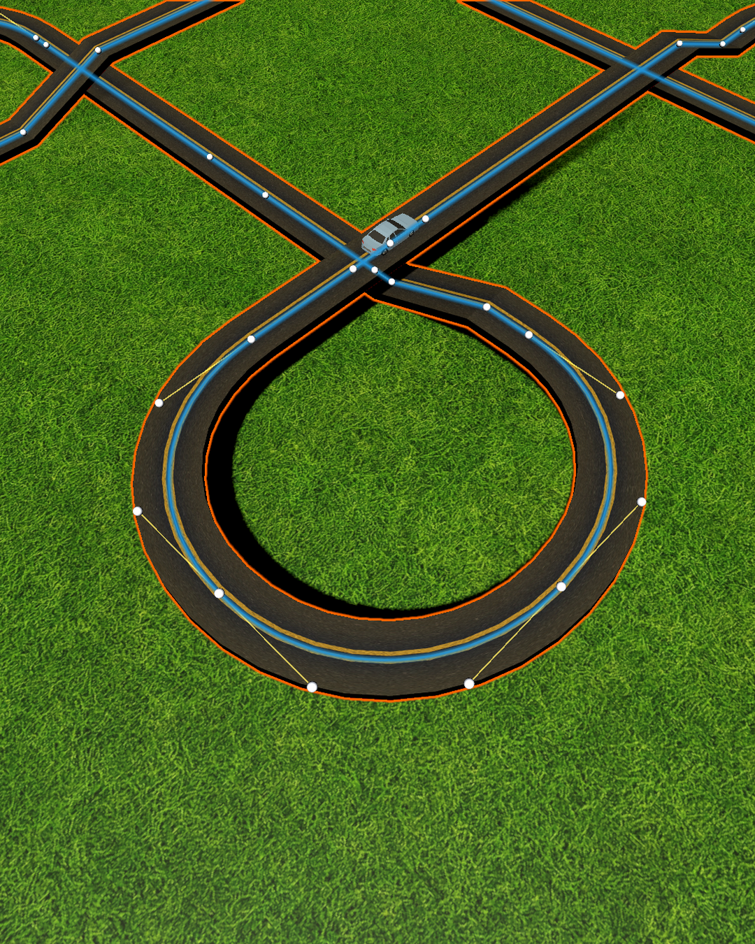 Road editor view showing an OutlineBezierShape extruded along a spline