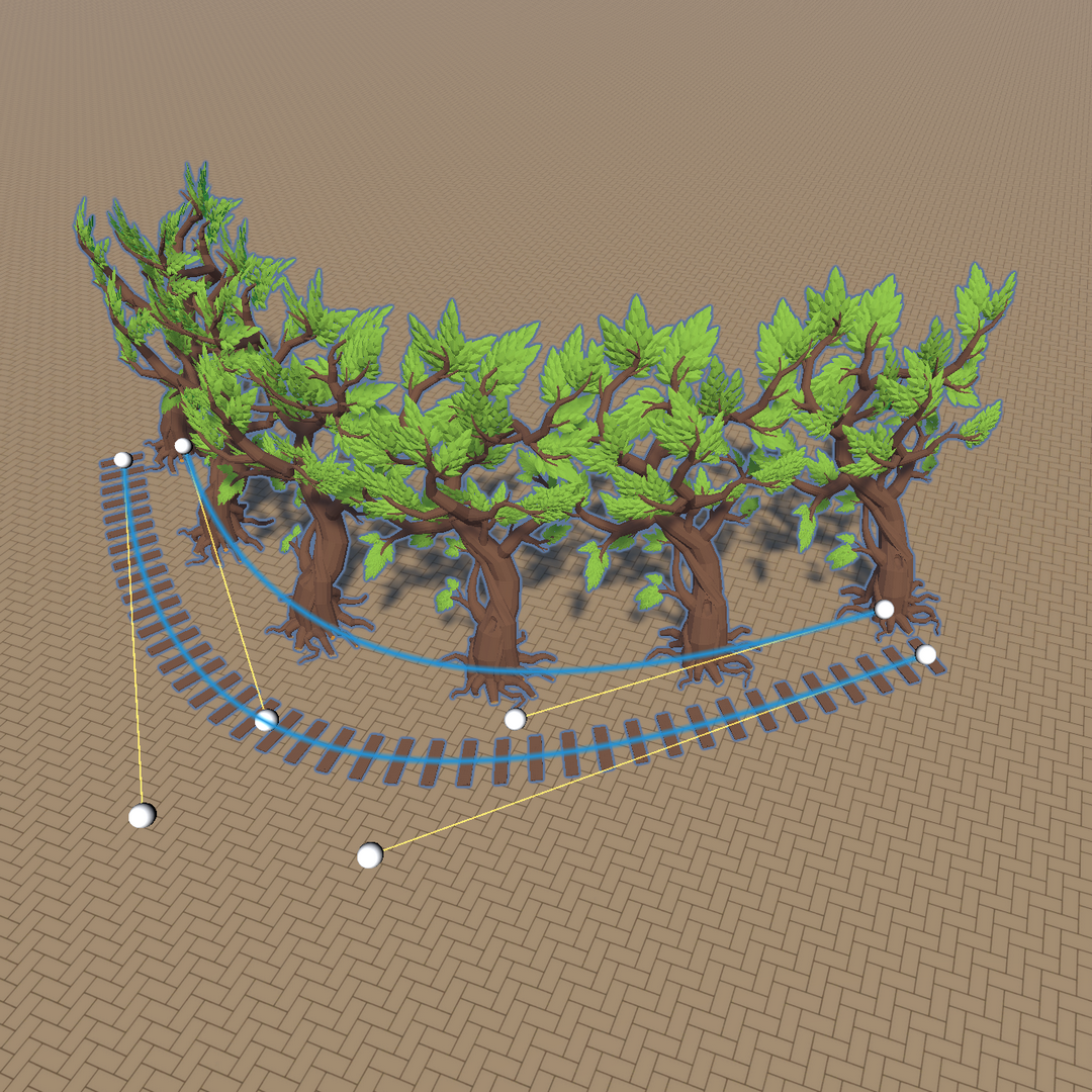 Tree and wood objects placed along a spline