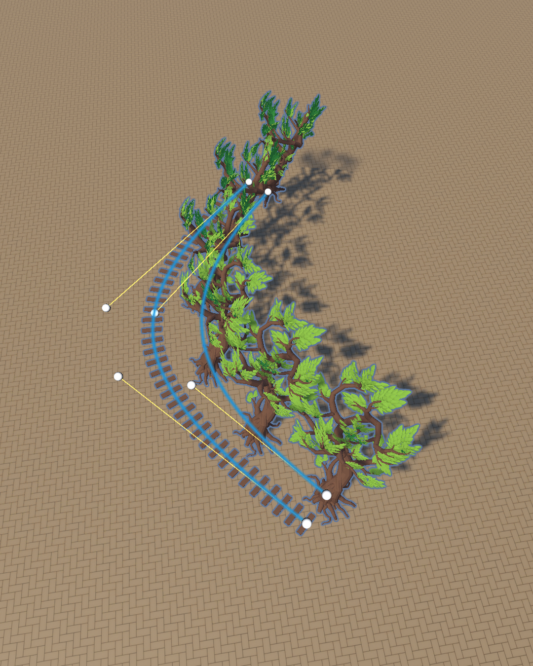 Tree and wood prefabs placed along a Bezier spline